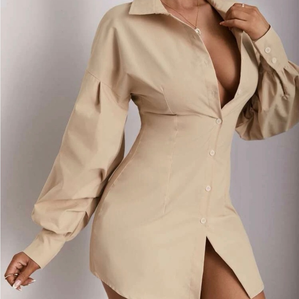 New t shirt dress button up beige